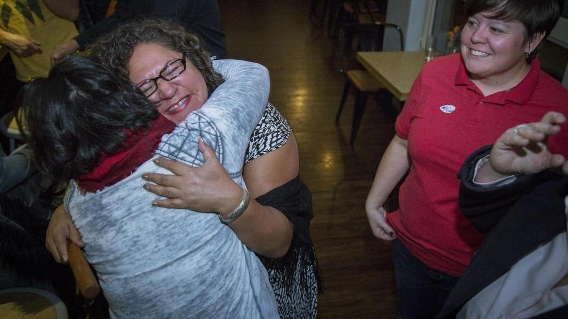 Lisa Sanchez, center, hugs her campaign manager, Jennifer Martinez, Tuesday evening as voting results showed a big lead for her to win the Boise City Council Seat 2 race. Sanchez celebrated with friends, family and supporters at St. Lawrence Gridiron in Downtown Boise.
