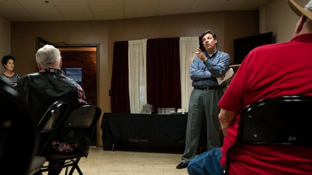 Idaho Congressman Raul Labrador addresses a crowd of 17 people during a visit to Wallace, Idaho, on July 27.