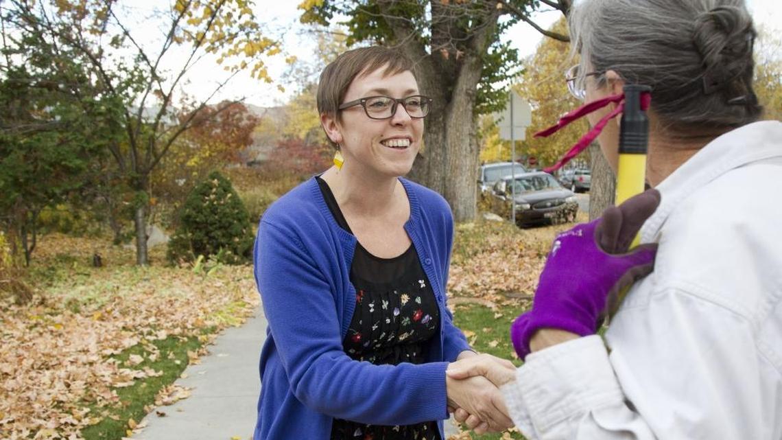 Naomi Johnson talks to Jeanne Keith in front of her home in Boise’s East End Neighborhood. Johnson, among four candidates running for Seat 4 on the Boise City Council, is also one of many Democrats or progressives across Idaho who are running for city offices this year. “I’m going to vote,” says Keith, though she declined to say for whom.
