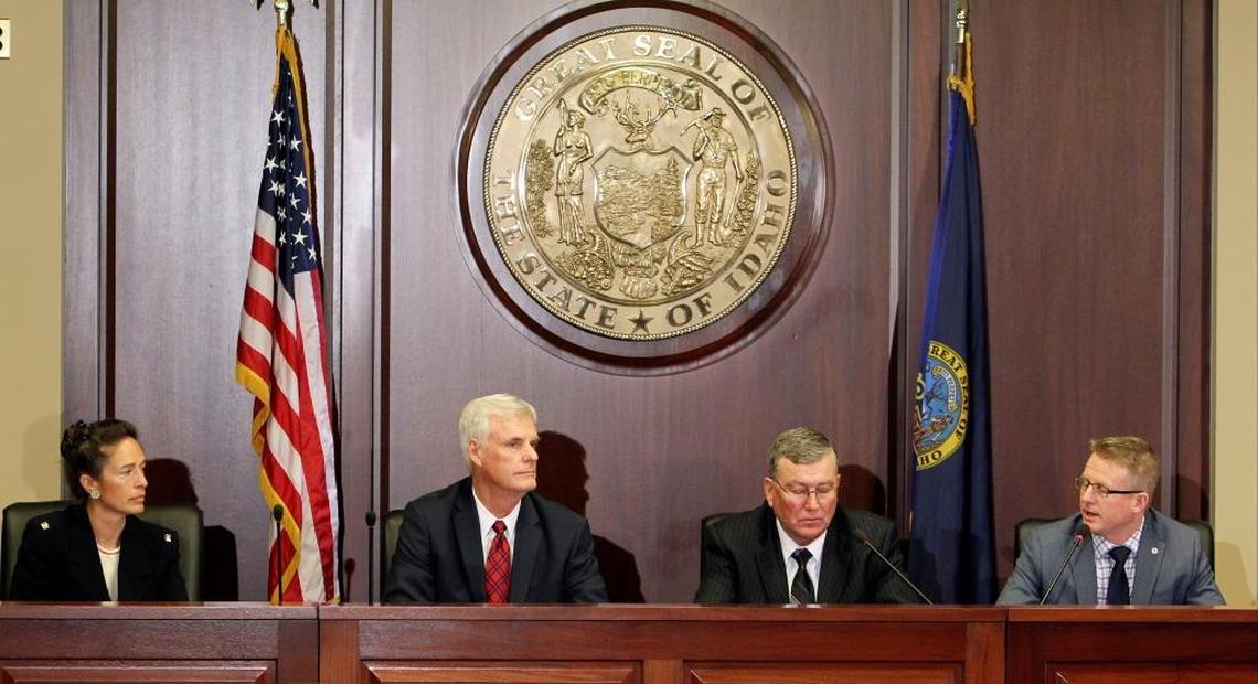 From left: Senate Minority Leader Michelle Stennett, Senate Pro Tem Brent Hill, House Speaker Scott Bedke and House Minority Leader Mat Erpelding at the Statehouse on Jan. 7, 2016. Erpelding said local government experience helps legislators learn to work with each other despite ideological differences.