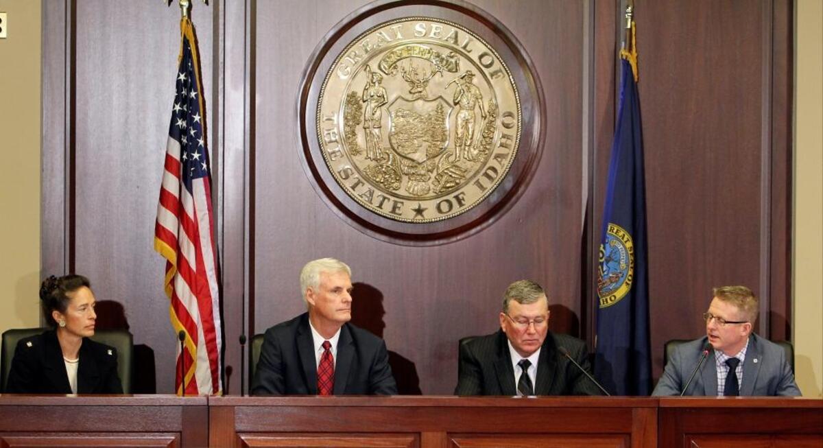 From left: Senate Minority Leader Michelle Stennett, Senate Pro Tem Brent Hill, House Speaker Scott Bedke and House Minority Leader Mat Erpelding at the Statehouse on Jan. 7, 2016. Erpelding said local government experience helps legislators learn to work with each other despite ideological differences.