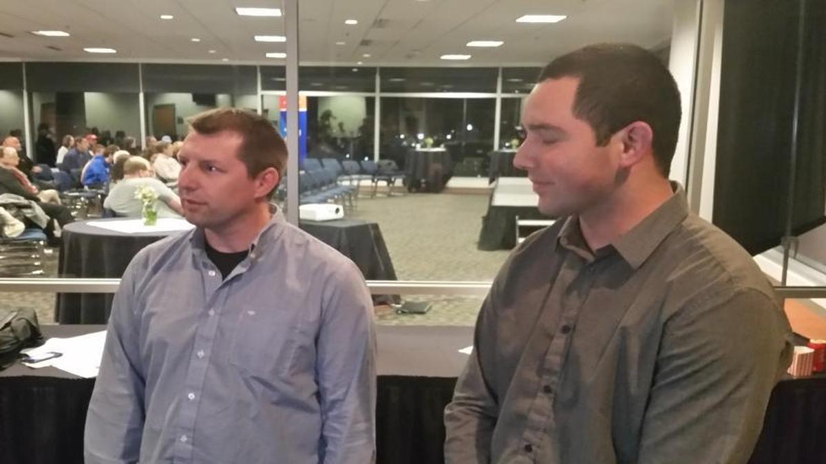 William Thornton, left, and Christopher Pena talk about their impressions of the debate Wednesday evening at Boise State University.