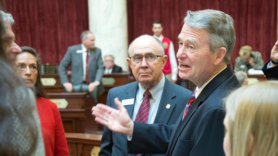 Lt. Gov. Brad Little speaks with Senate leadership shortly before the end of the 2017 legislative session.