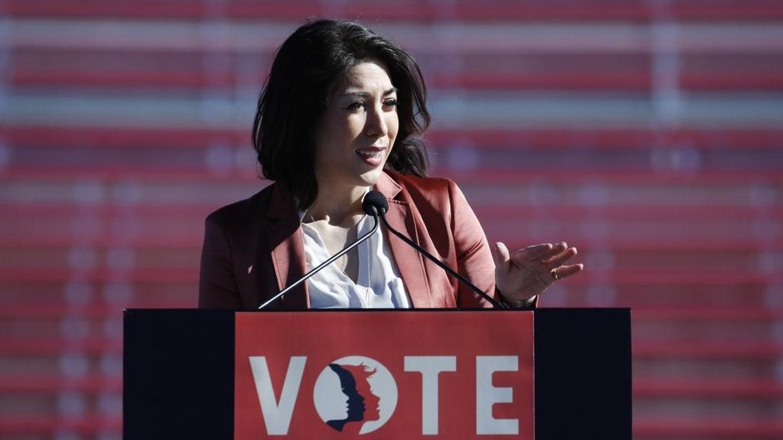 Idaho state Rep. Paulette Jordan speaks during a women’s march rally Jan. 21 in Las Vegas.