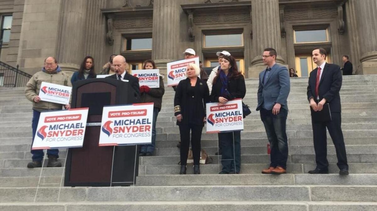 Sen. Dan Foreman, R-Moscow, speaks Wednesday morning while endorsing Republican U.S. House candidate Michael Snyder, at far right.