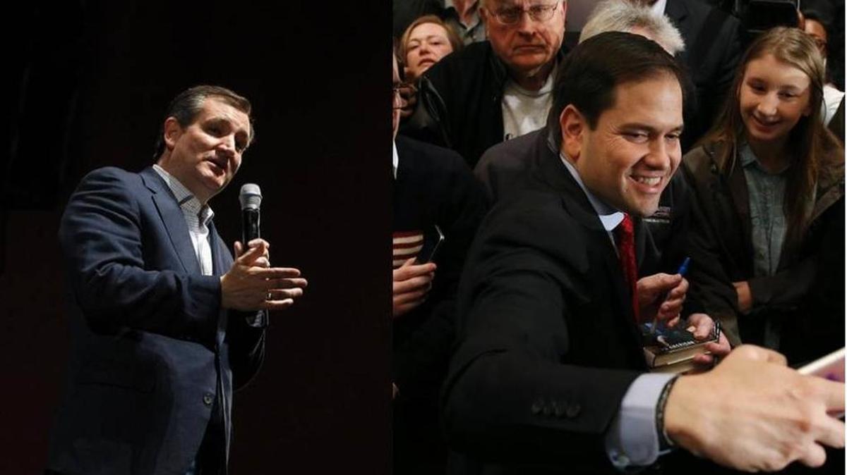 Ted Cruz, left, speaks at a rally Wedensday in Kansas, and Marco Rubio shakes hands the same day with supporters at a rally in Michigan.