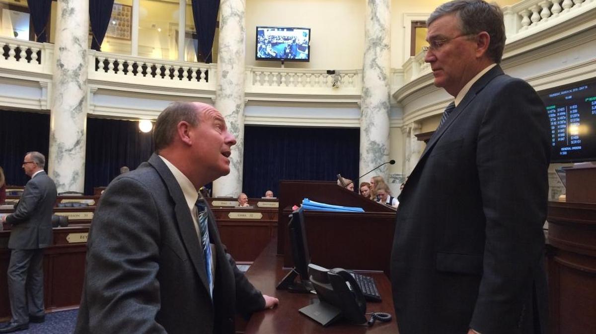 From left, Idaho House Majority Leader Mike Moyle, R-Star, and Speaker Scott Bedke, R-Oakley, consult during a break in House business last March, near the end of the 2016 legislative session. Moyle is a consistent advocate for cutting state taxes.