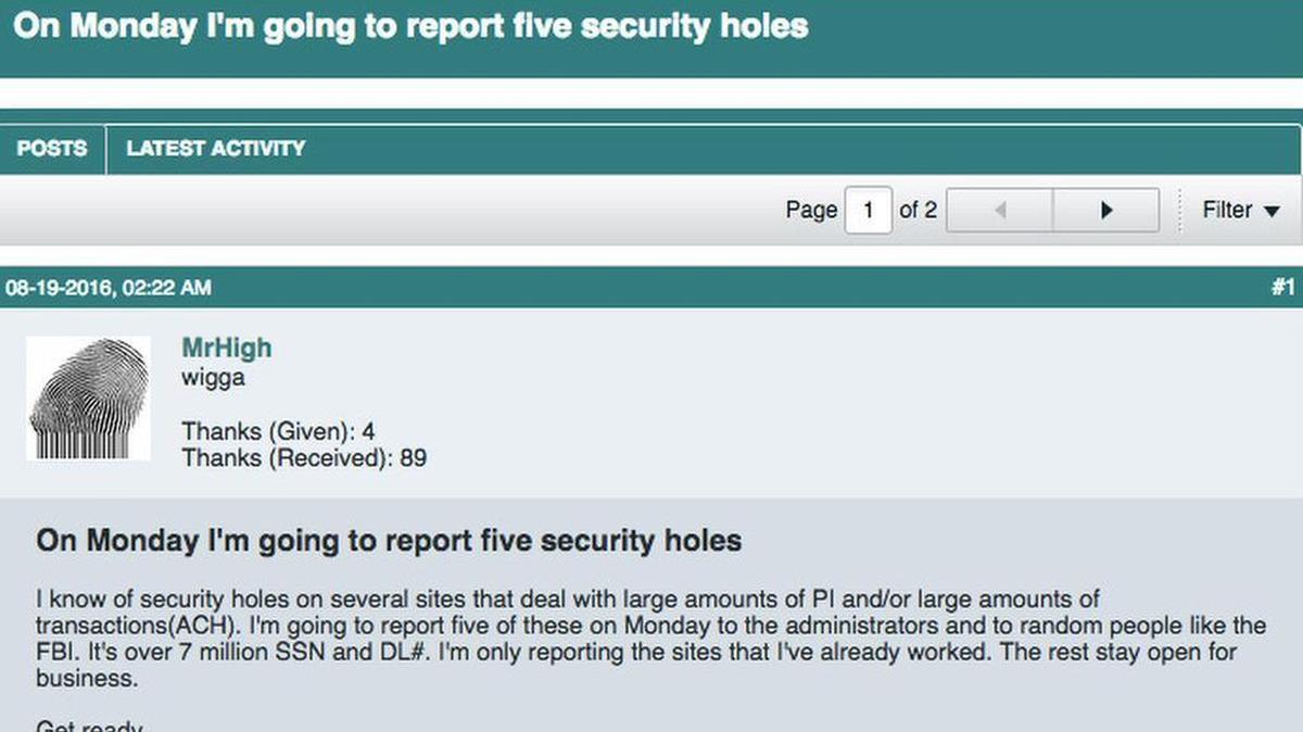 A screenshot from the internet forum where hacker “Mr. High” posted on Aug. 19 about a data breach that included the state of Idaho’s Fish & Game licensing system.