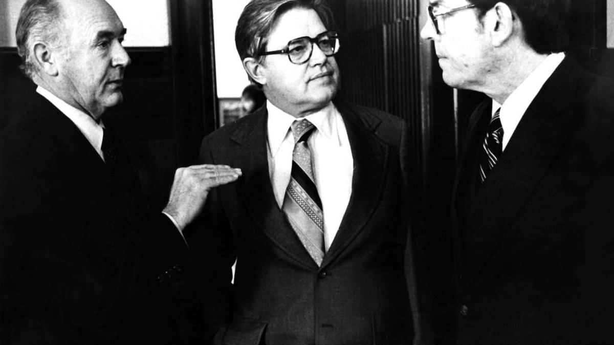 In this photo from 1979 or 1980, Cecil Andrus, left, then the U.S. secretary of the interior, talks to U.S. Sen. Frank Church, center, and Idaho Gov. John Evans.