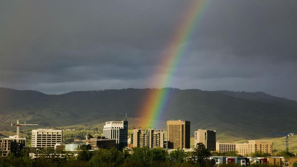 A rainbow forms over downtown Boise after a rainstorm on April 14, 2016.