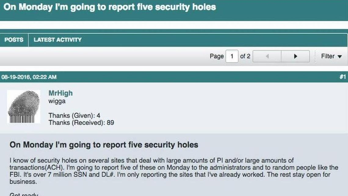 A screenshot from the internet forum where hacker “MrHigh” posted on Aug. 19 about a data breach that included the state of Idaho’s Fish & Game licensing system.