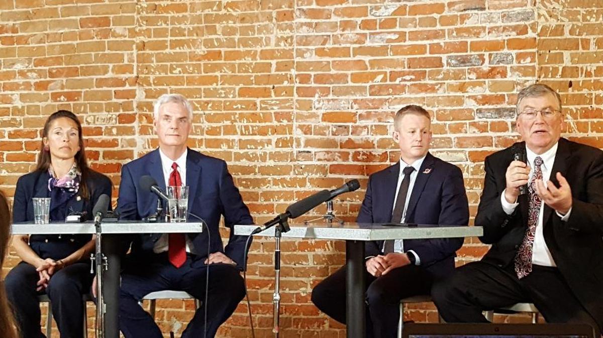 Idaho House Speaker Scott Bedke, right, answers a question during a lunch forum with members of the Idaho Press Club. To his left: House Minority Leader Mat Erpelding, Senate Pro Tem Brent Hill, Senate Minority Leader Michelle Stennett.