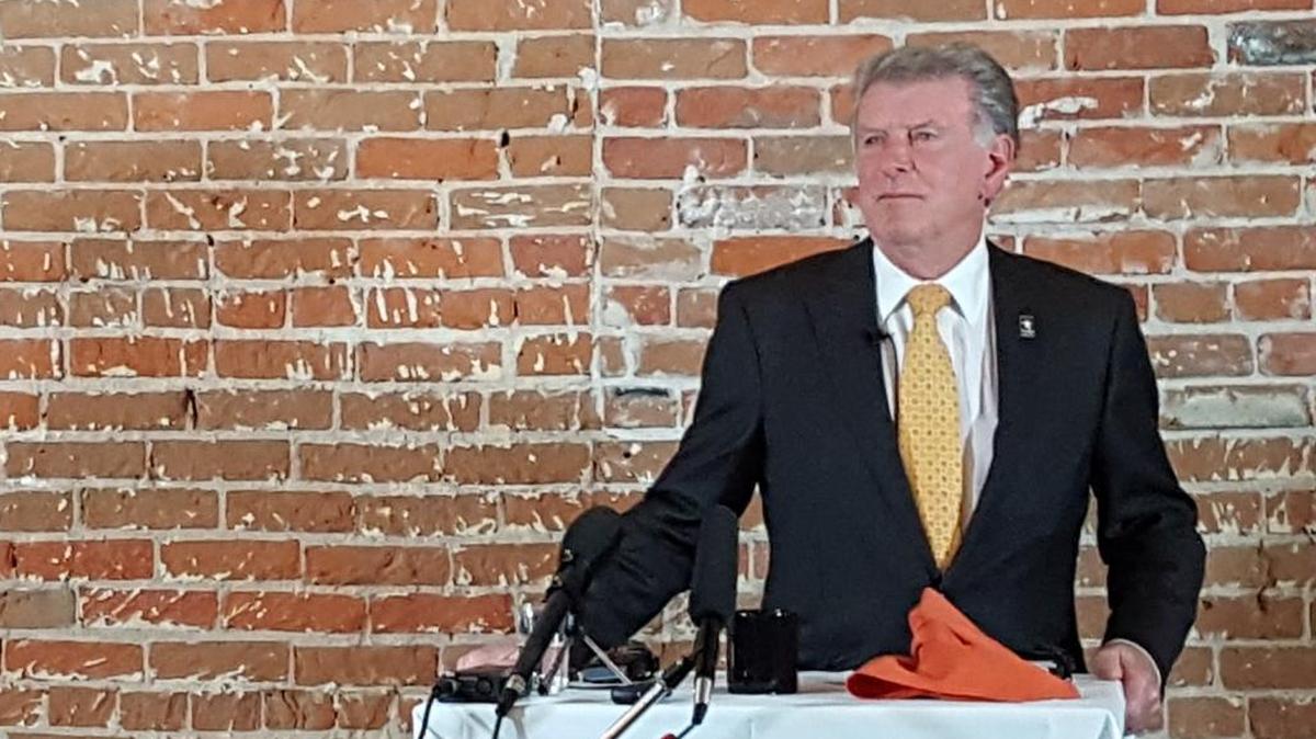 Gov. Butch Otter speaks to reporters Thursday, Feb. 15, 2018, during a forum organized by the Idaho Press Club.