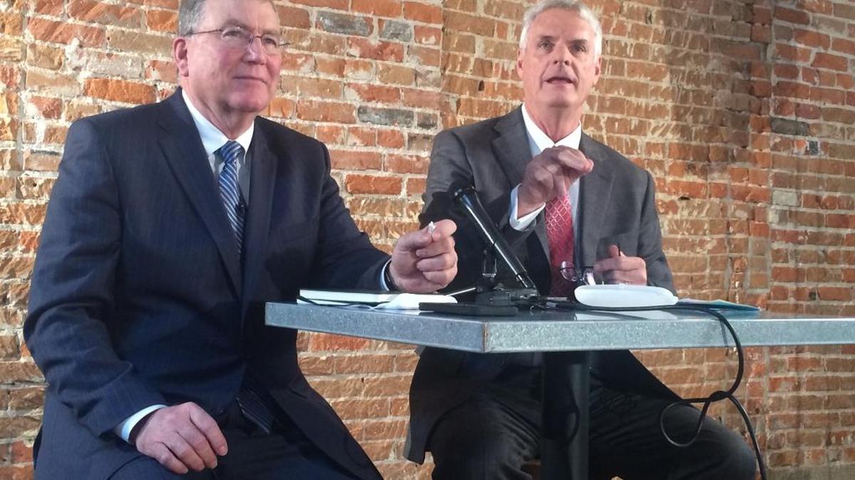 Idaho Senate President Pro Tem Brent Hill, R-Rexburg, right, and House Speaker Scott Bedke, R-Oakley, left, will participate in a telephone town hall meeting sponsored by Idaho AARP on Jan. 11.
