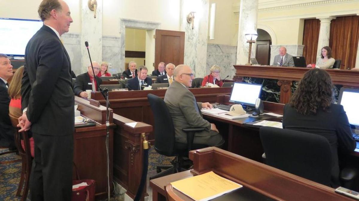 PERSI Board Chairman Jeff Silek, left, and Director Don Drum, center, address the Idaho Legislature's Joint Finance-Appropriations Committee on Friday.