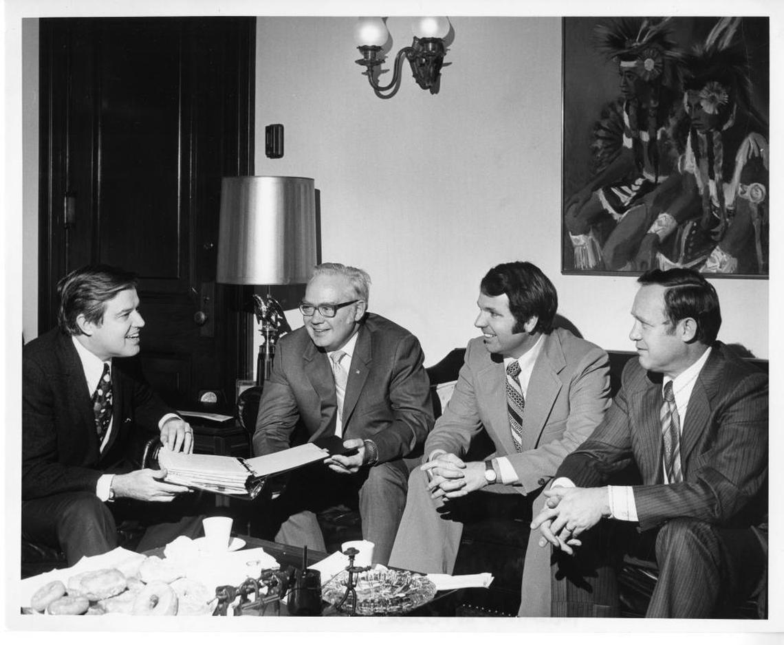 Idaho’s congressional delegation together in a photo dated sometime in 1973-75. From left: Sen. Frank Church, Rep. Orval Hansen, Rep. Steve Symms, Sen. Jim McClure.