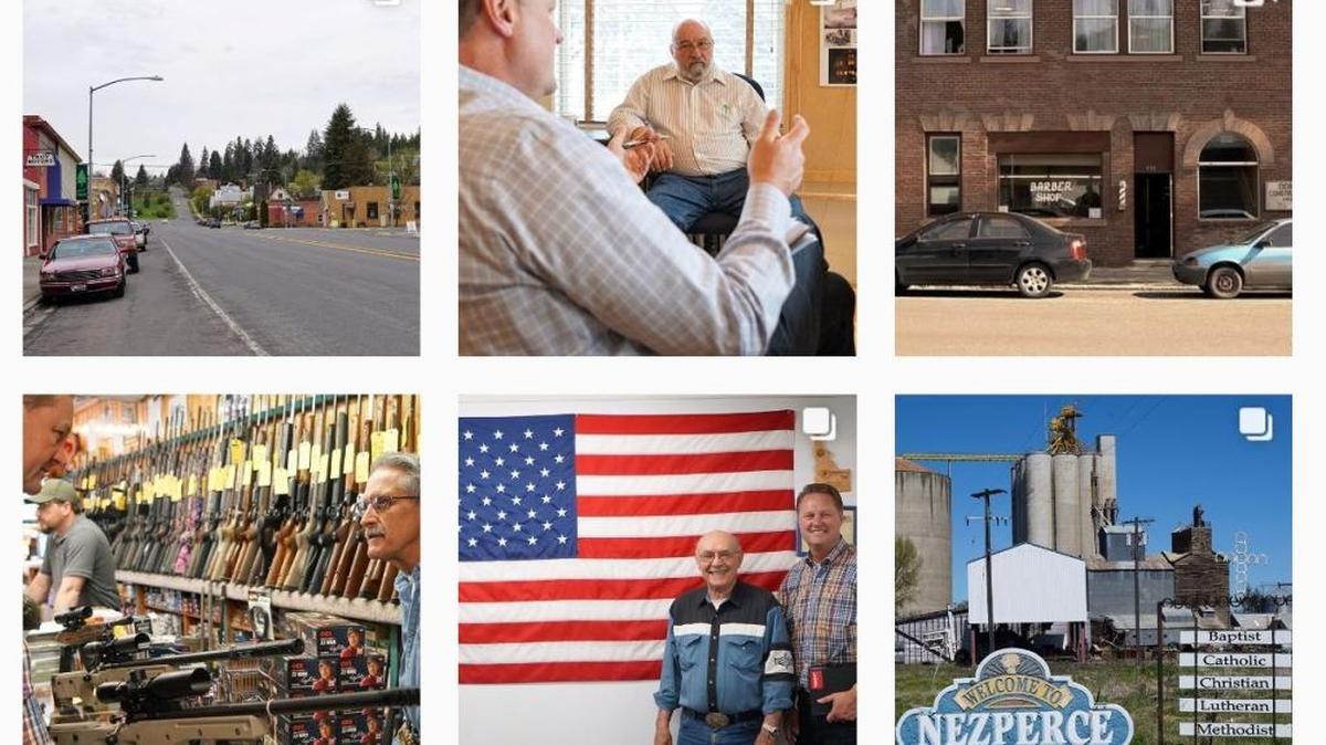 A sampling of Tommy Ahlquist’s Intagram pictures: From upper left: Troy; Potlatch Mayor David Brown; Orofino; a business in Kamiah; Kamiah Mayor Dale Schneider; and Nez Perce, where the mayor hosted a pizza party.