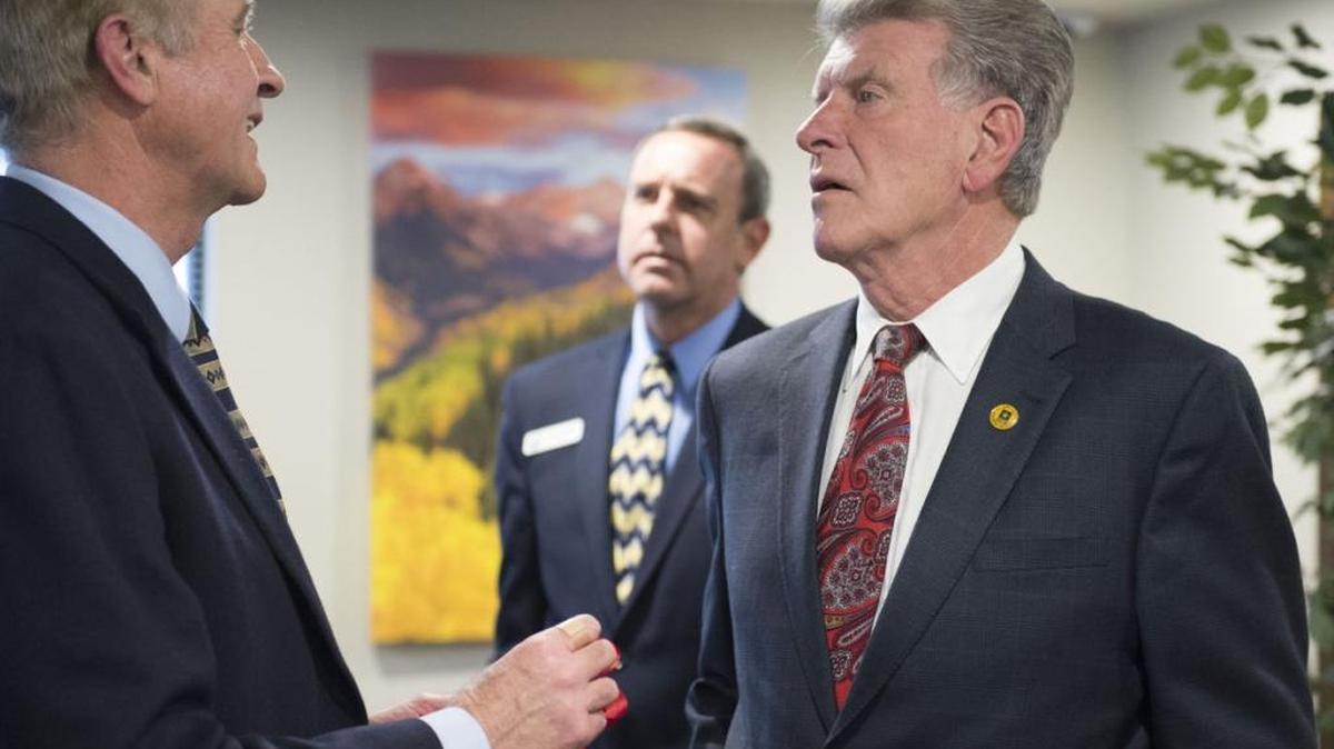 From right, Gov. Butch Otter and Twin Falls Mayor Shawn Barigar listen to Frank J. Knight, CEO of ProActive Behavioral Health, while on a tour of the new Crisis Center of South Central Idaho Thursday in Twin Falls.
