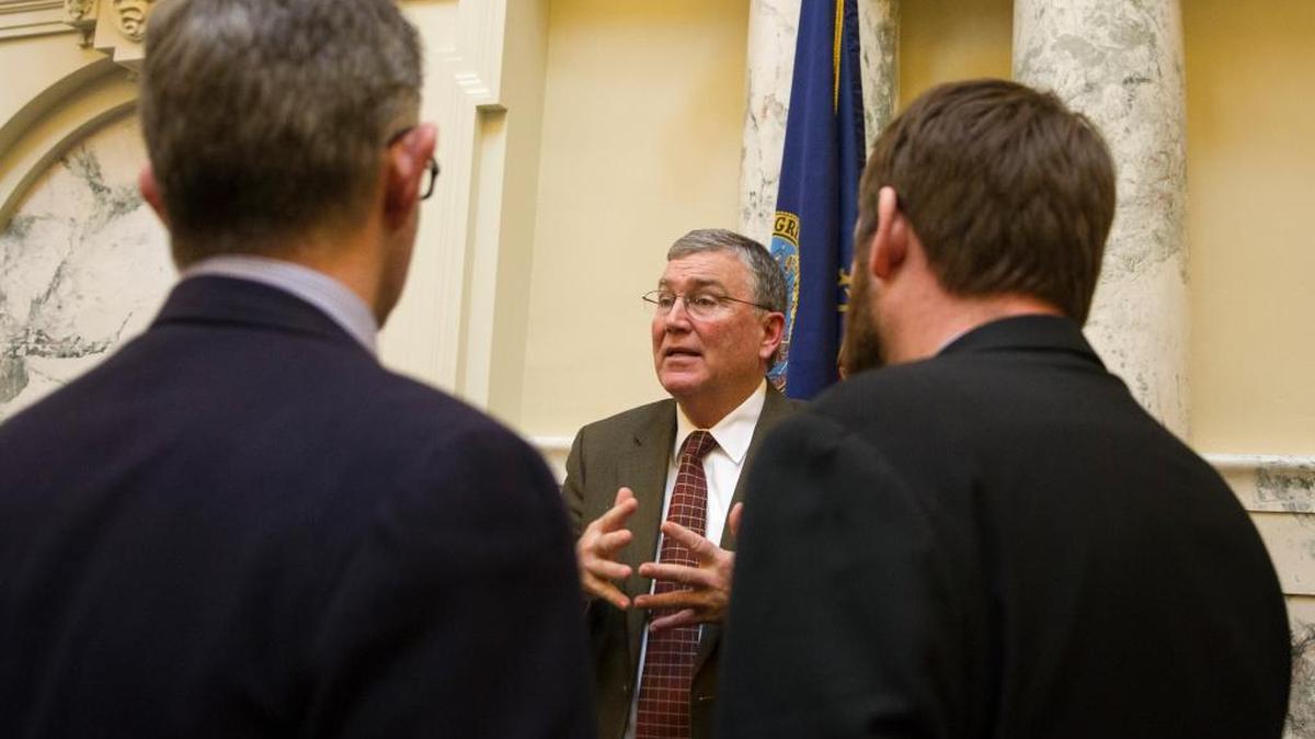 House Speaker Scott Bedke talks to reporters Thursday at the Capitol.