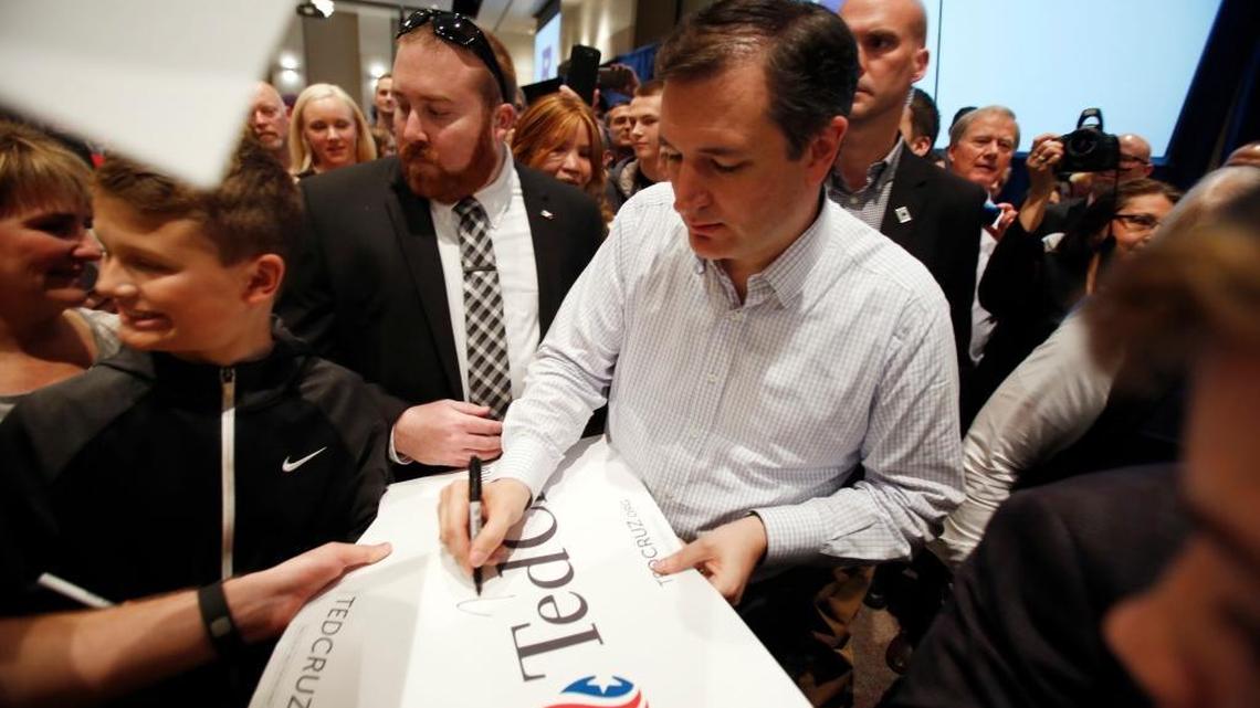 Sen. Ted Cruz greets supporters after speaking at a rally at Boise State University on Saturday night.