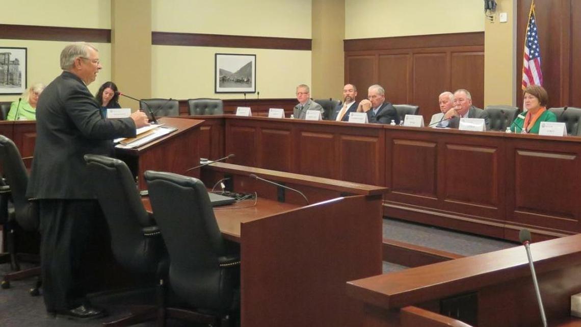 Idaho Secretary of State Lawerence Denney addresses a bipartisan panel of state lawmakers examining campaign finance reform, Oct. 18, 2017 at the Idaho Capitol in Boise.