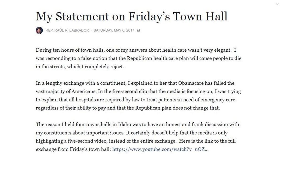 Rep. Raul Labrador posted this statement on Facebook in response to criticism over a comment he made at a town hall in Lewiston last May.