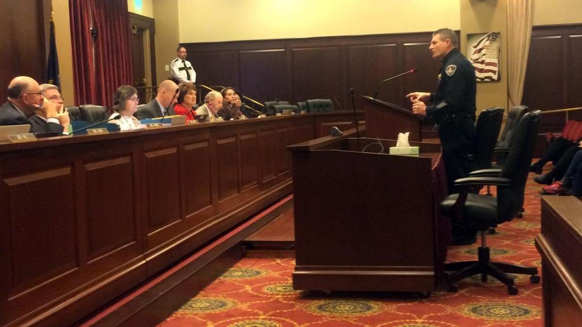 Boise Police Chief Bill Bones testifies before the Idaho Senate State Affairs committee Monday, March 14, 2016. He opposed legislation to make concealed carry of a weapon without a permit legal in Idaho cities.