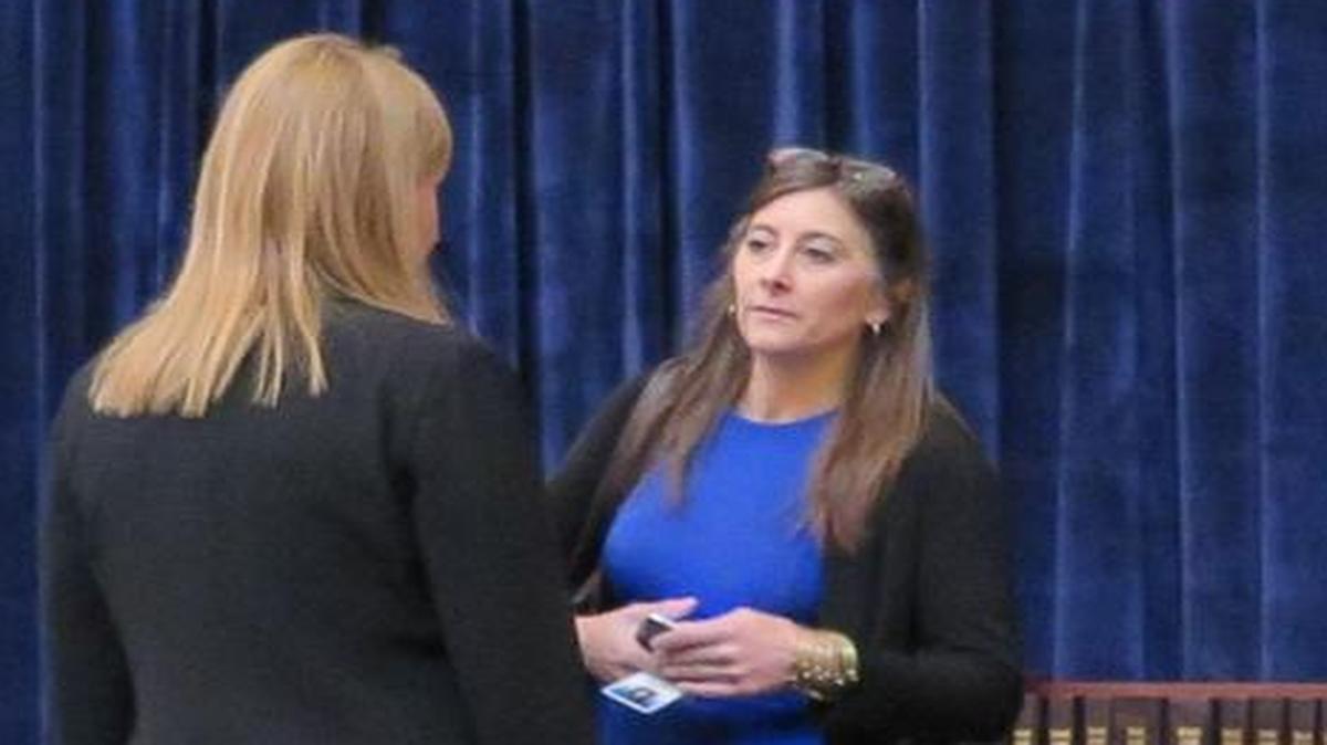 Rep. Heather Scott, right, talks with Rep. Caroline Nilsson Troy on the House floor Jan. 12.