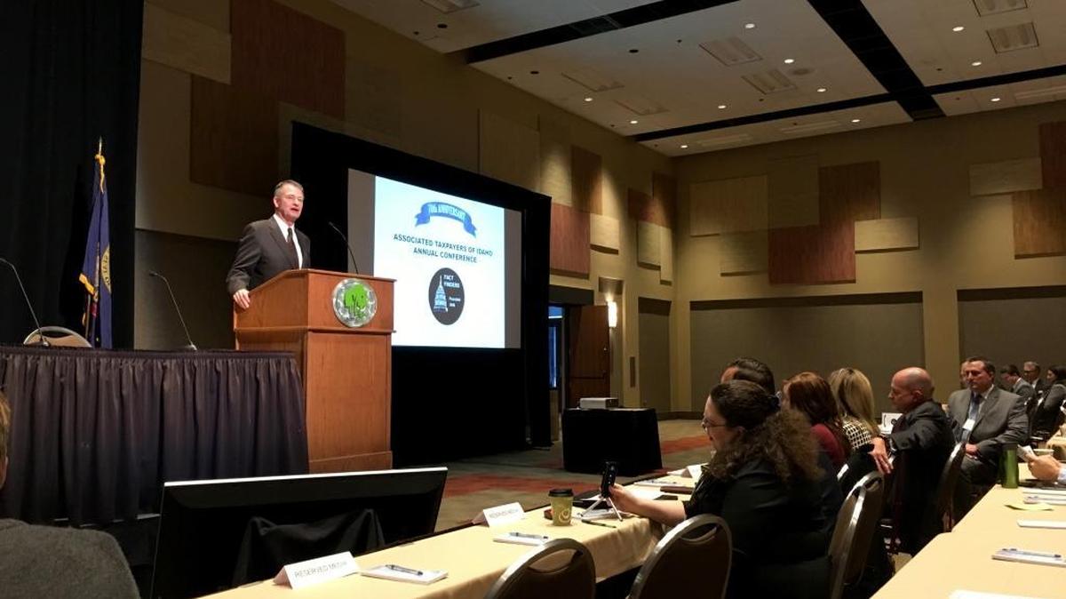 Lt. Gov. Brad Little opens the 70th annual conference of the Associated Taxpayers of Idaho at the Boise Centre. He said Republican election victories early this month had created a “turning point for America.”