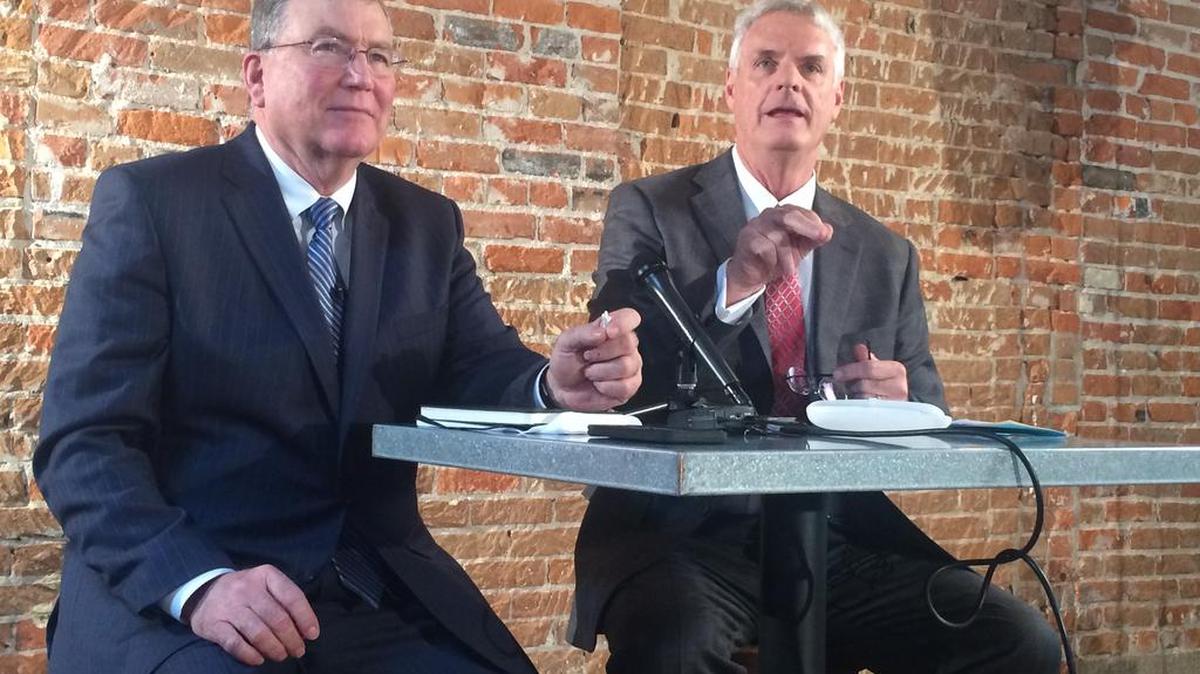 From left, Idaho House Speaker Scott Bedke, R-Oakley, and Senate President Pro Tem Brent Hill, R-Rexburg, spoke to reporters Tuesday at a luncheon sponsored by the Idaho Press Club.