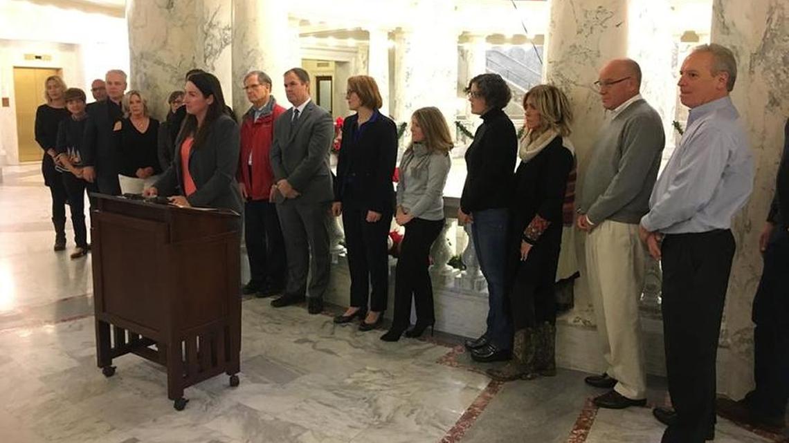 State Rep. Ilana Rubel, D-Boise, and business leaders Tuesday at the Idaho Capitol.