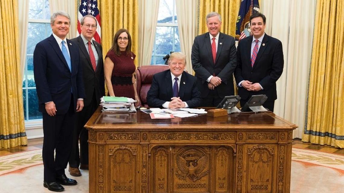 Rep. Raul Labrador, R-Idaho, at right, during a Tuesday, Dec. 19, 2017 meeting at the White House to discuss immigration reform. Labrador chairs the House Subcommittee on Immigration and Border Security. Next to him are Rep. Mark Meadows, R-N.C., chairman of the House Freedom Caucus; President Donald Trump; Rep. Martha McSally, R-Ariz., chairwoman of the House Subcommittee on Border and Maritime Security; Rep. Bob Goodlatte, R-Va., chairman of the House Committee on the Judiciary; and Rep. Michael McCaul, R-Texas, chairman of the House Committee on Homeland Security.