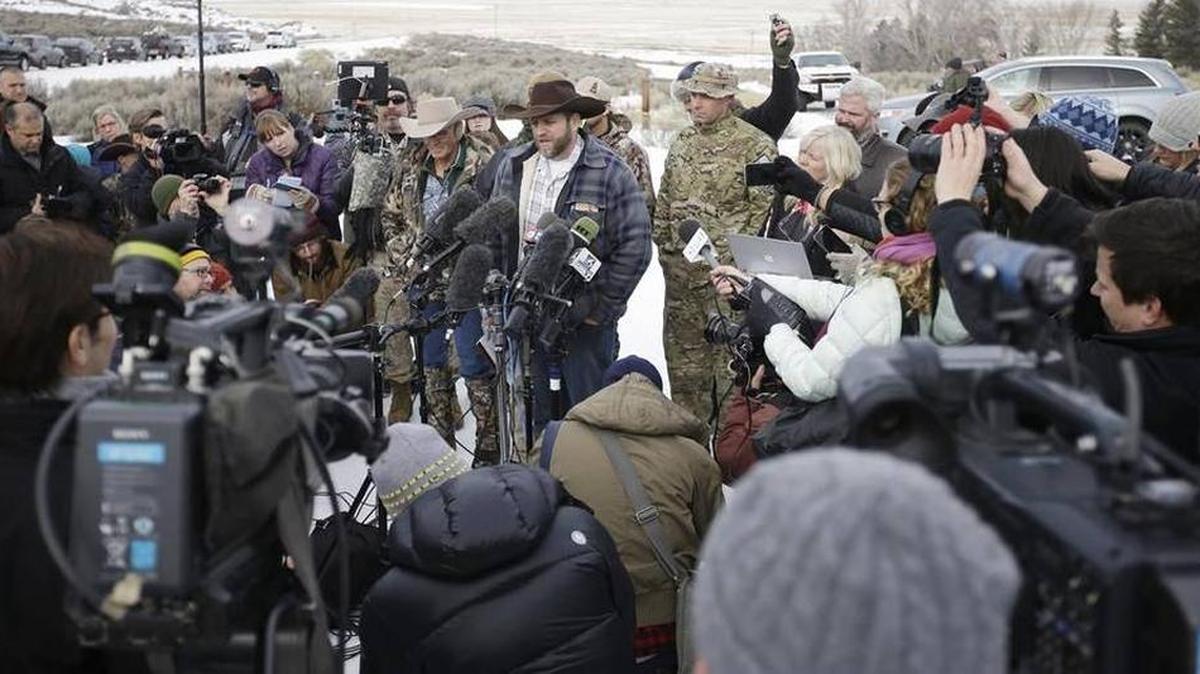 Ammon Bundy, center, was one of several armed anti-government militants who occupied the Malheur National Wildlife Refuge headquarters in Oregon last year to protest the imprisonment of two ranchers on federal terrorism charges for arson. A broad definition of terrorism in Idaho law has gun rights advocates concerned about a bill that would bar more felons from owning firearms.