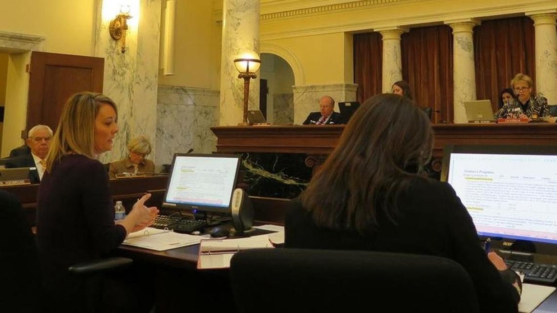 Idaho state schools Superintendent Sherri Ybarra, left, makes her budget pitch to lawmakers on the Joint Finance-Appropriations Committee on Thursday.