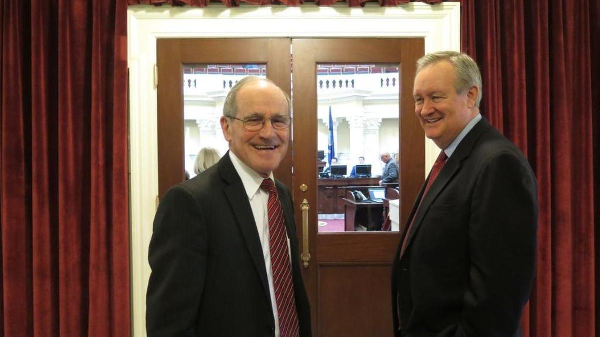 Idaho Sen. Jim Risch, left, with Idaho Sen. Mike Crapo on Wednesday outside the Idaho Senate chamber, where both spoke. They also addressed the Idaho House.