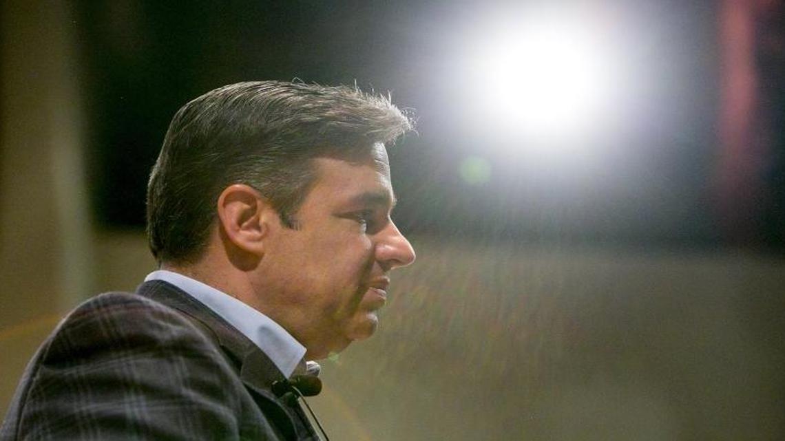 U.S. Congressman Raul Labrador talks during an April 2017 town hall at Meridian Middle School.