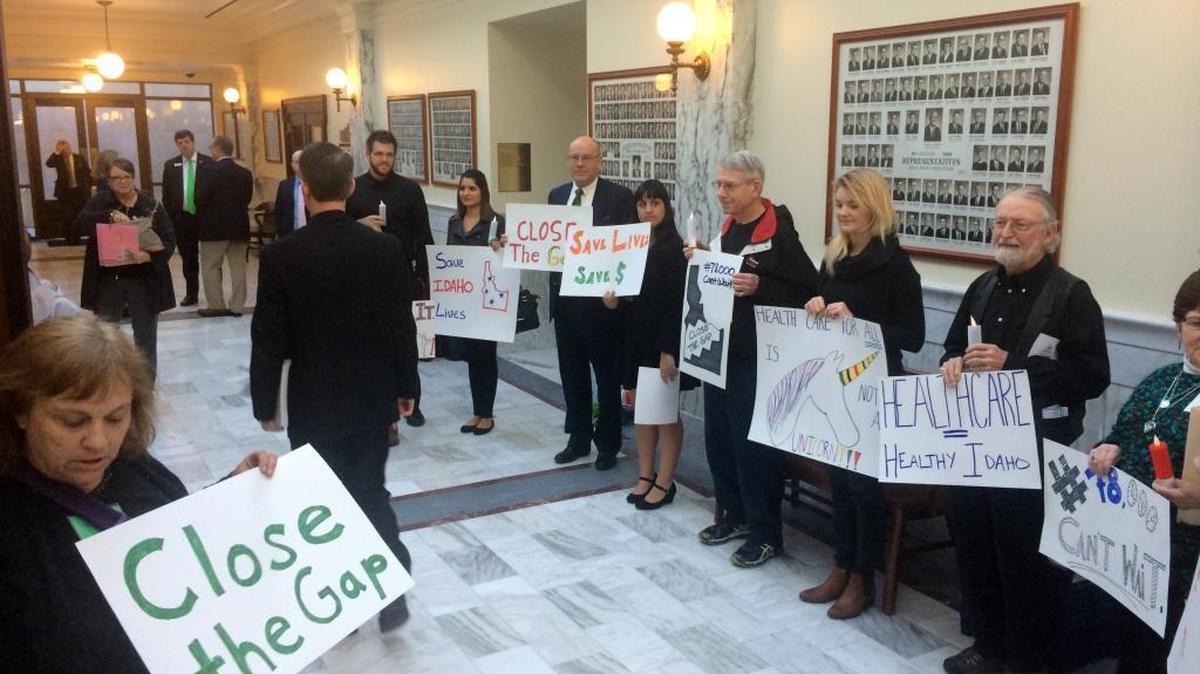 Supporters of Medicaid expansion or other action to provide health benefits to 78,000 low-income Idahoans who currently can’t obtain insurance gather in the state Capitol Thursday, March 17, 2016, ahead of a hearing by the House Health and Welfare committee.