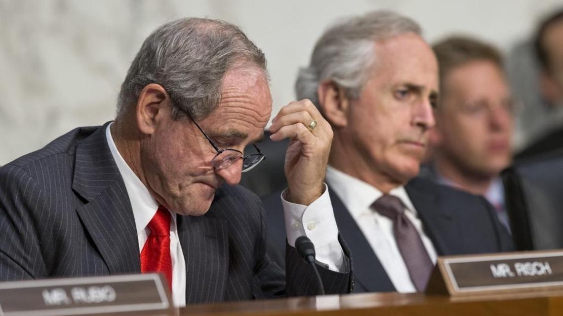 Sen. Jim Risch, R-Idaho, left, and Sen. Bob Corker, R-Tenn., right, at a congressional hearing in September 2013.
