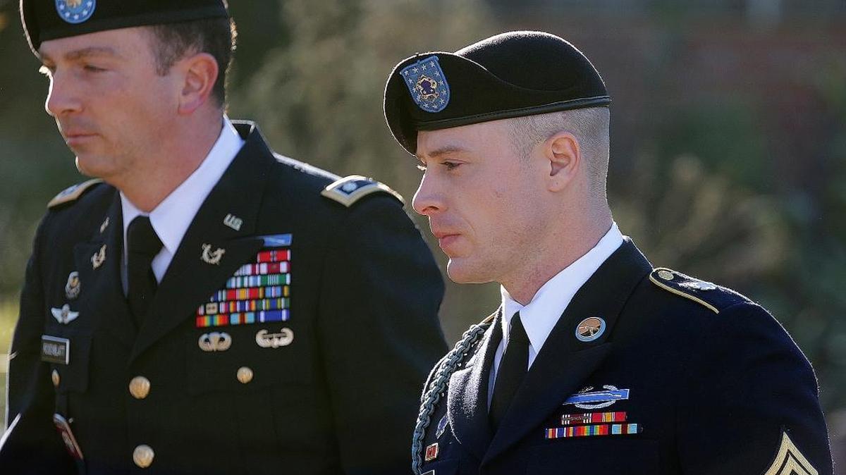 Army Sgt. Bowe Bergdahl, right, arrives for a pretrial hearing at Fort Bragg, N.C., with his defense counsel Lt. Col. Franklin D. Rosenblatt, left, on Tuesday, Jan. 12, 2016. Bergdahl, who was held by the Taliban for five years after he walked off a base in Afghanistan, faces charges of desertion and misbehavior before the enemy. (AP)