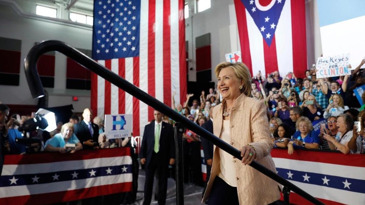 Democratic presidential candidate Hillary Clinton arrives at a campaign event at John Marshall High School in Cleveland, Wednesday, Aug. 17, 2016. The Clinton camp seems to have an aversion to holding press conferences. (AP)