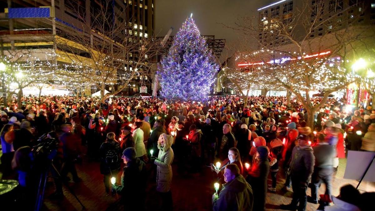 Hundreds of attendees gather during the Downtown Boise tree lighting held Nov. 28 at the Grove Plaza.