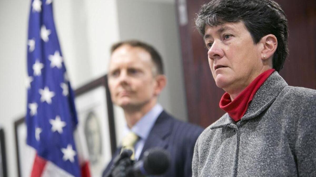 U.S. Attorney for Idaho Wendy Olson, right, at a May 2015 press conference.