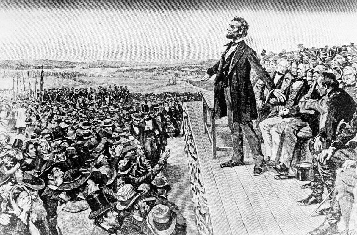 This undated illustration depicts President Abraham Lincoln making his Gettysburg Address.