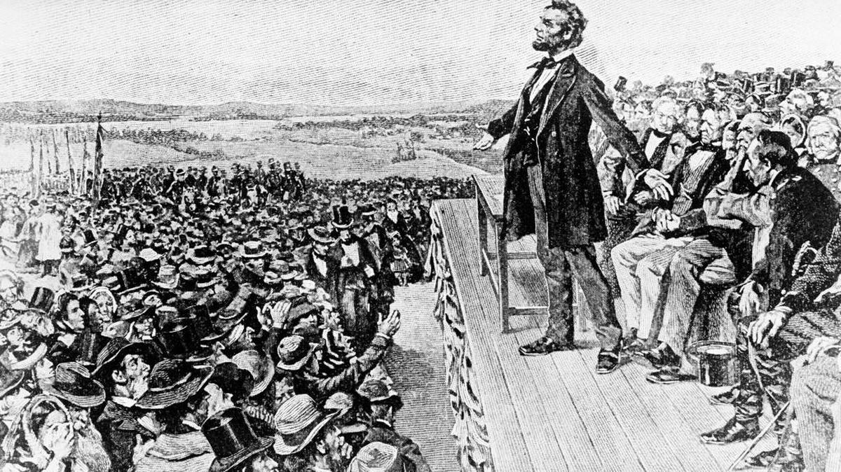 This undated illustration depicts President Abraham Lincoln making his Gettysburg Address.