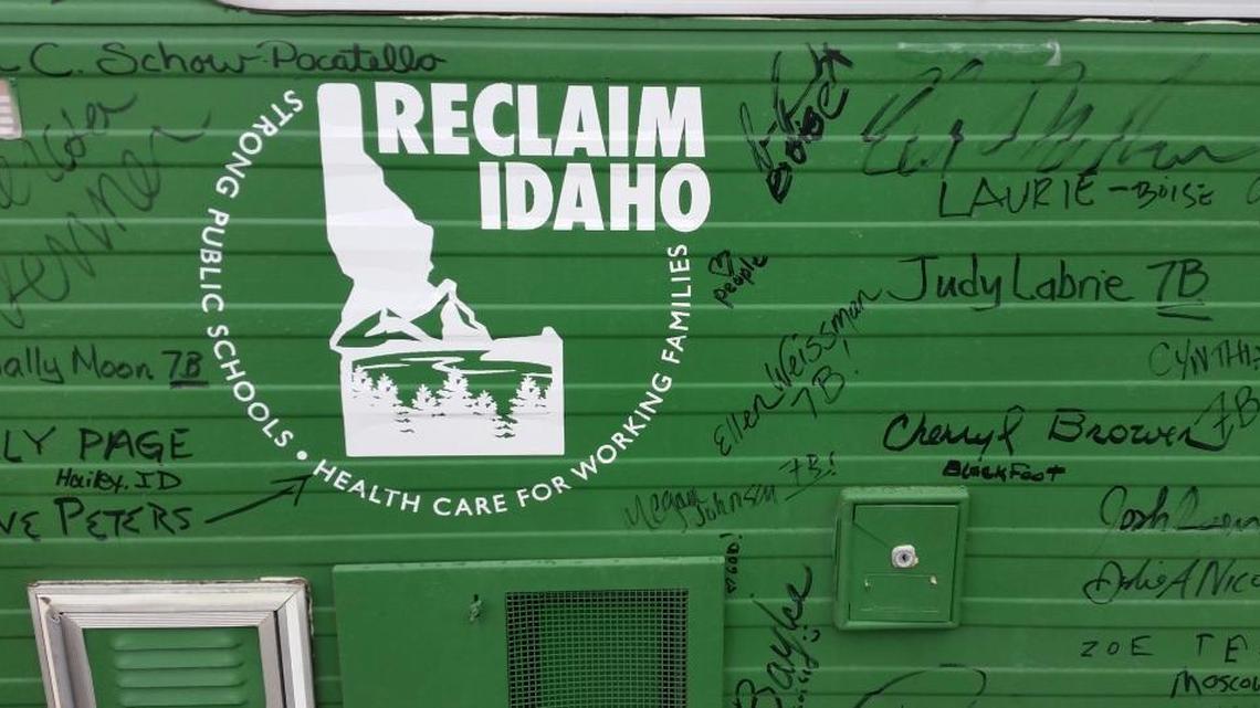 In this file photo, signatures dot Reclaim Idaho’s green RV collected on its 2017 statewide tour.