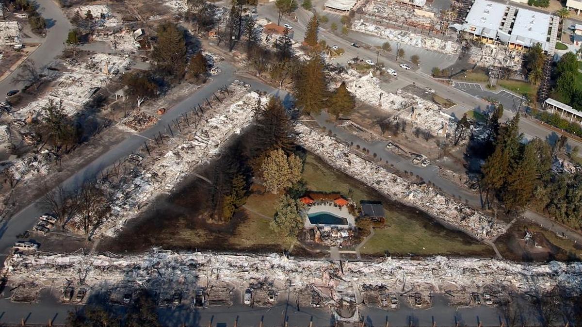 Only a pool remains among the ashes of an Old Redwood Highway complex Oct. 11 in Santa Rosa, Calif.