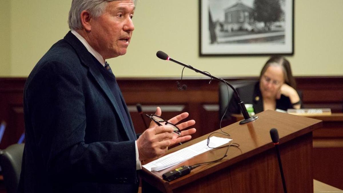 Dr. Ted Epperly speaks before the Idaho Senate Health/Welfare Committee during an information hearing on Medicaid expansion that attracted a mass of people eager to comment on SB1205 Tuesday, Feb. 2, 2016, at the Statehouse in Boise.