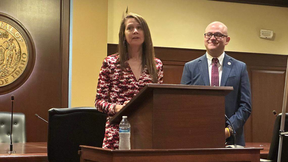 Jen Easterly, director of the federal Cybersecurity, Infrastructure and Security Agency, speaks Wednesday at the Capitol in Boise along with Idaho Secretary of State Phil McGrane about election security efforts.