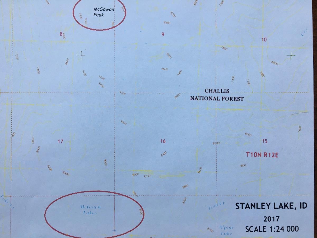 Here is the 2017 U.S. Geological Survey topographical map with the name McGowan corrected. Note, however, that “McGown Lakes” is still misspelled.