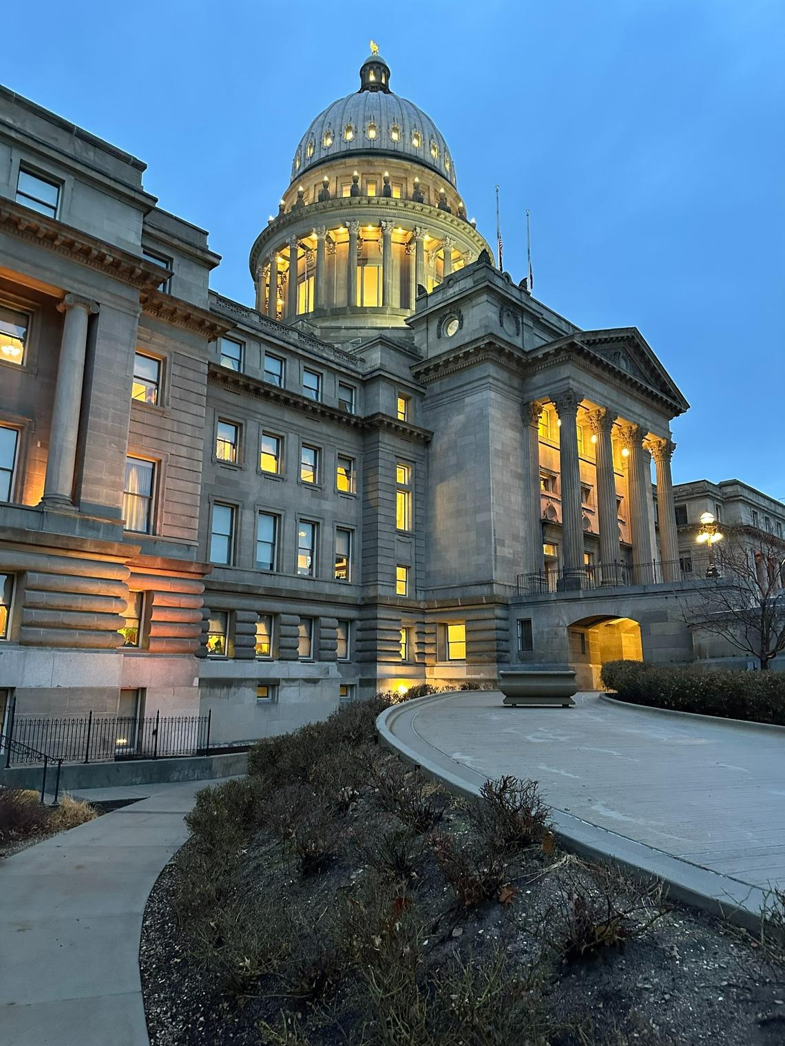 The Idaho State Capitol is lit up as the early morning sun begins to rise on Friday, Jan. 3, 2025.